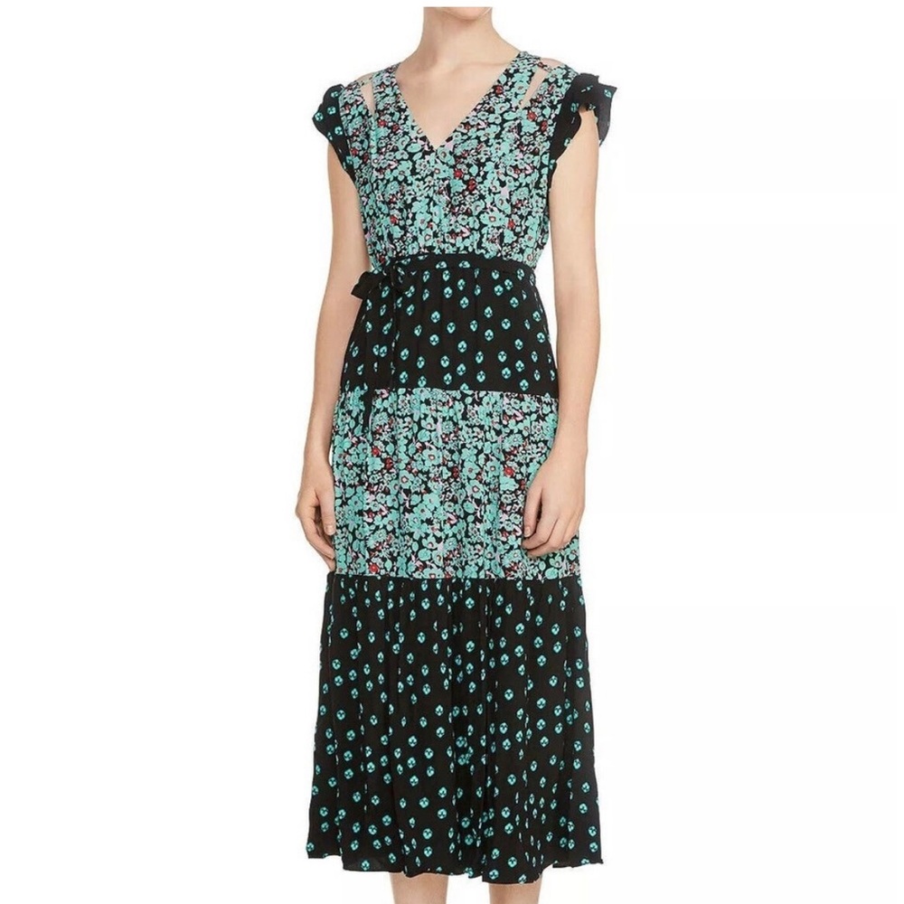 Maje Mixed Floral Green & Black Cutout Flutter Sleeve Prairie Boho MIDI Dress